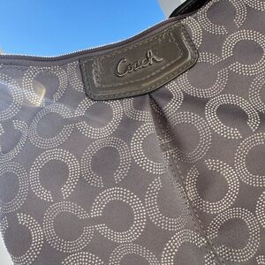 Coach Signature Jacquard Mini Shoulder Bag Taupe Patent Leather Trim Pink EUC